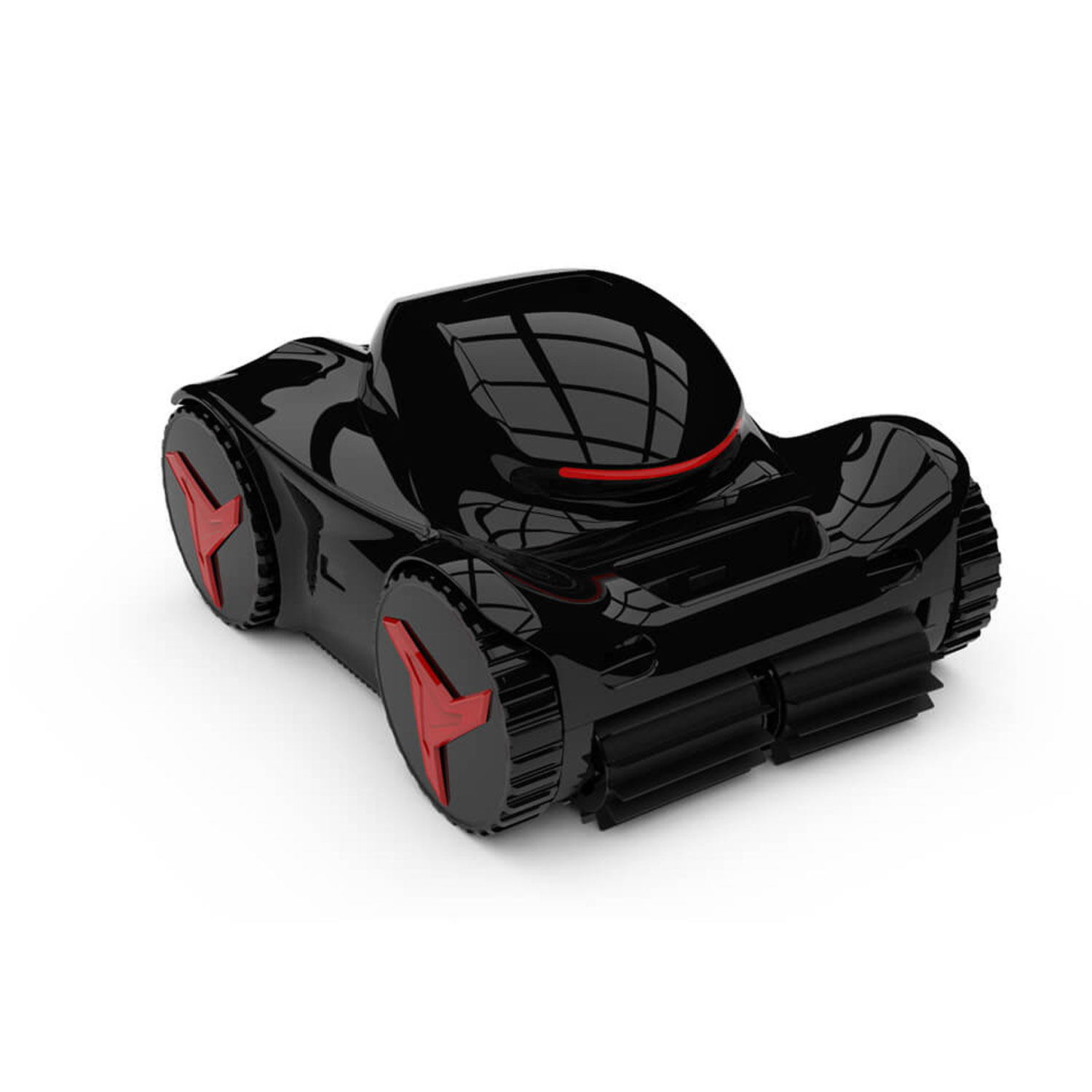 Schwarzer Poolreiniger-Roboter mit roten Akzenten und großen Rädern.