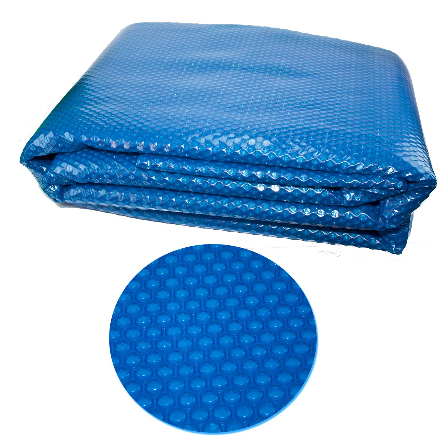 Das Bild zeigt eine gefaltete, blaue Solar-Poolabdeckung mit Luftpolsterfolie und einen kreisförmigen Detailausschnitt.