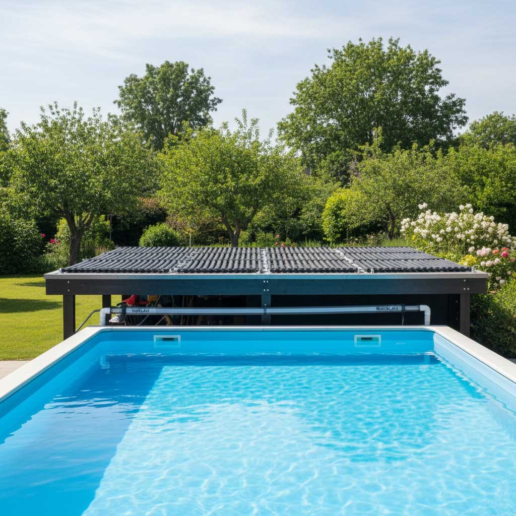 Rechteckiges, in den Boden eingelassenes Schwimmbad mit automatischer Poolabdeckung im Hinterhof.