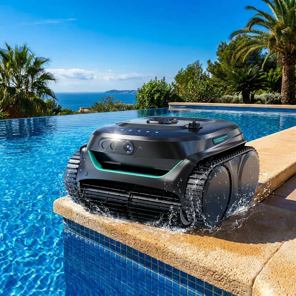 Roboter-Poolreiniger am Rand eines Schwimmbeckens mit klarem Wasser.