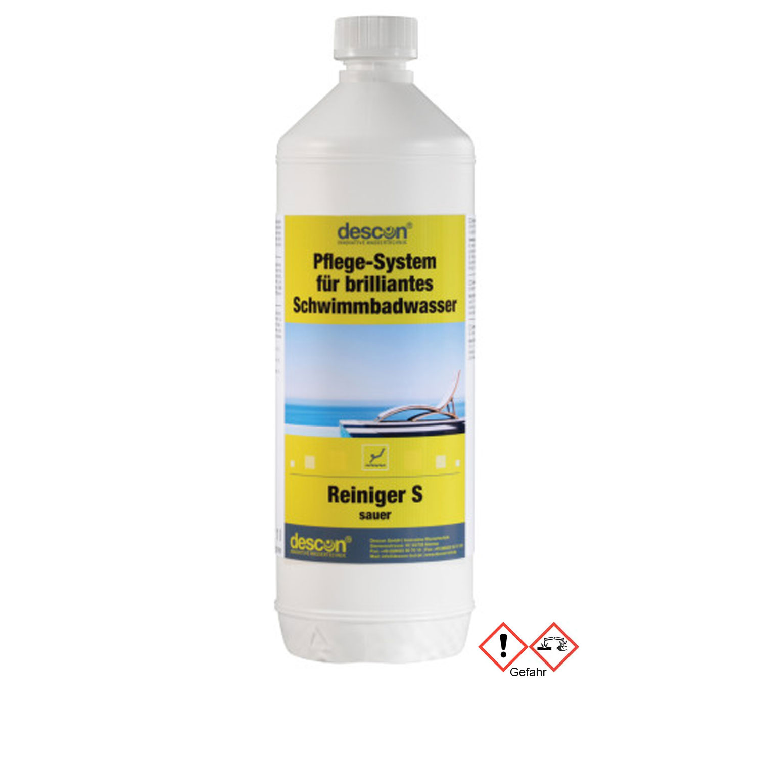 Eine Flasche Descón Reiniger S. Auf dem Behälter sind Gefahrensymbole für ätzende Flüssigkeiten und Reizstoffe angebracht.