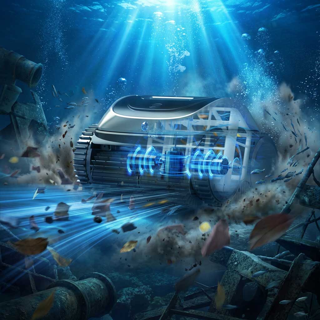 Roboter-Poolreiniger, der unter Wasser mit Schmutz und Blasen arbeitet.