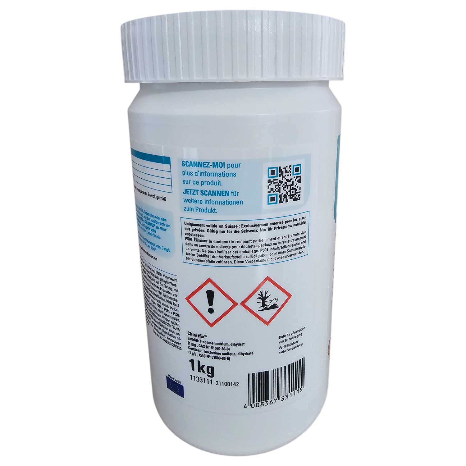 Weißer zylindrischer Behälter mit Schraubdeckel, mit Produktinformationen und QR-Codes.