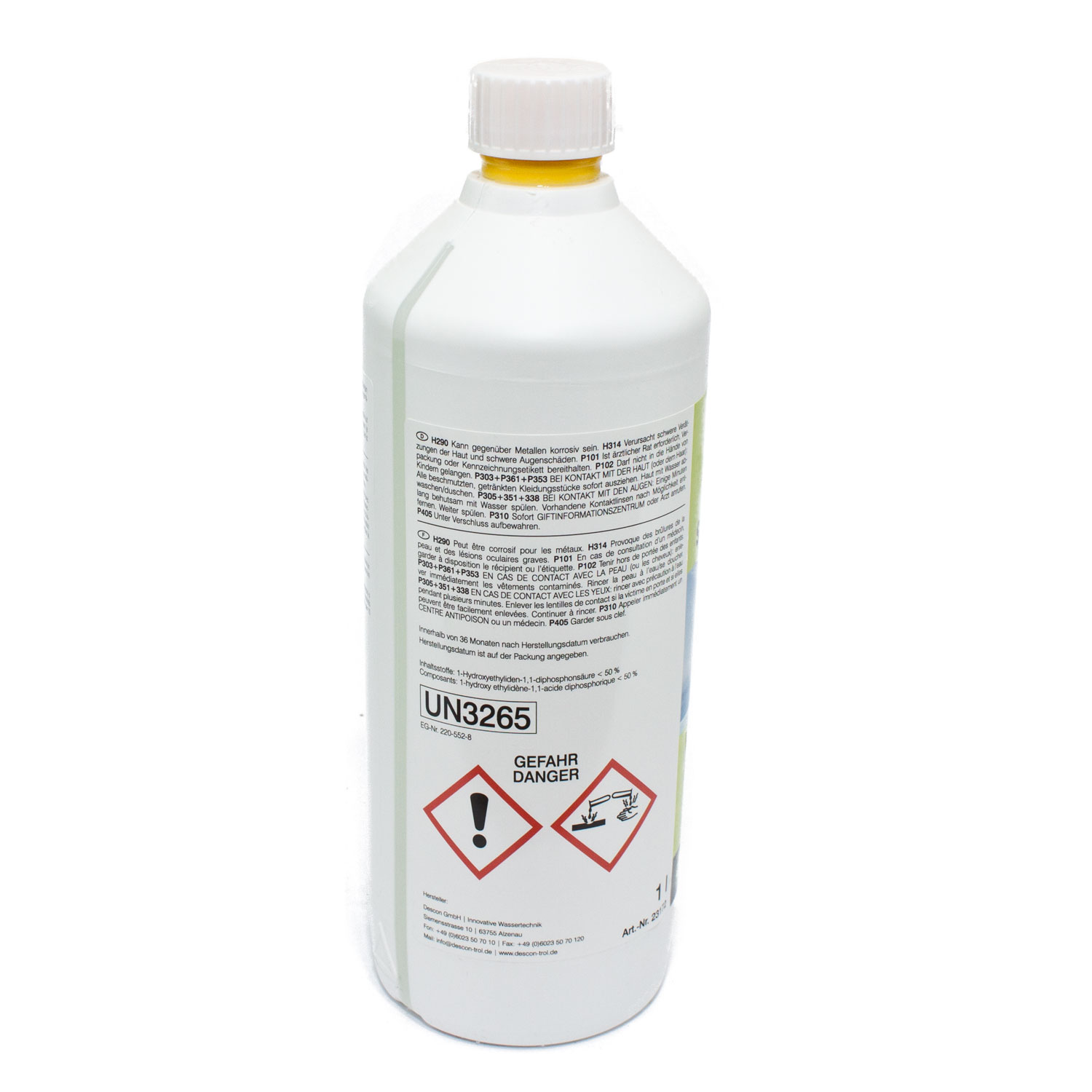 Bild einer 1-Liter-Flasche mit Gefahrensymbolen und mehrsprachigen Warnhinweisen, die einen ätzenden Stoff enthält.