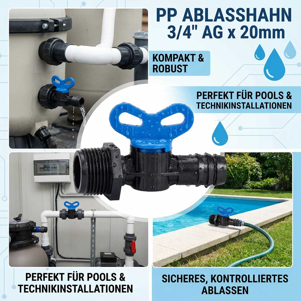 PP-Ablaufventil mit blauem Griff für Pool- und technische Anlagen.