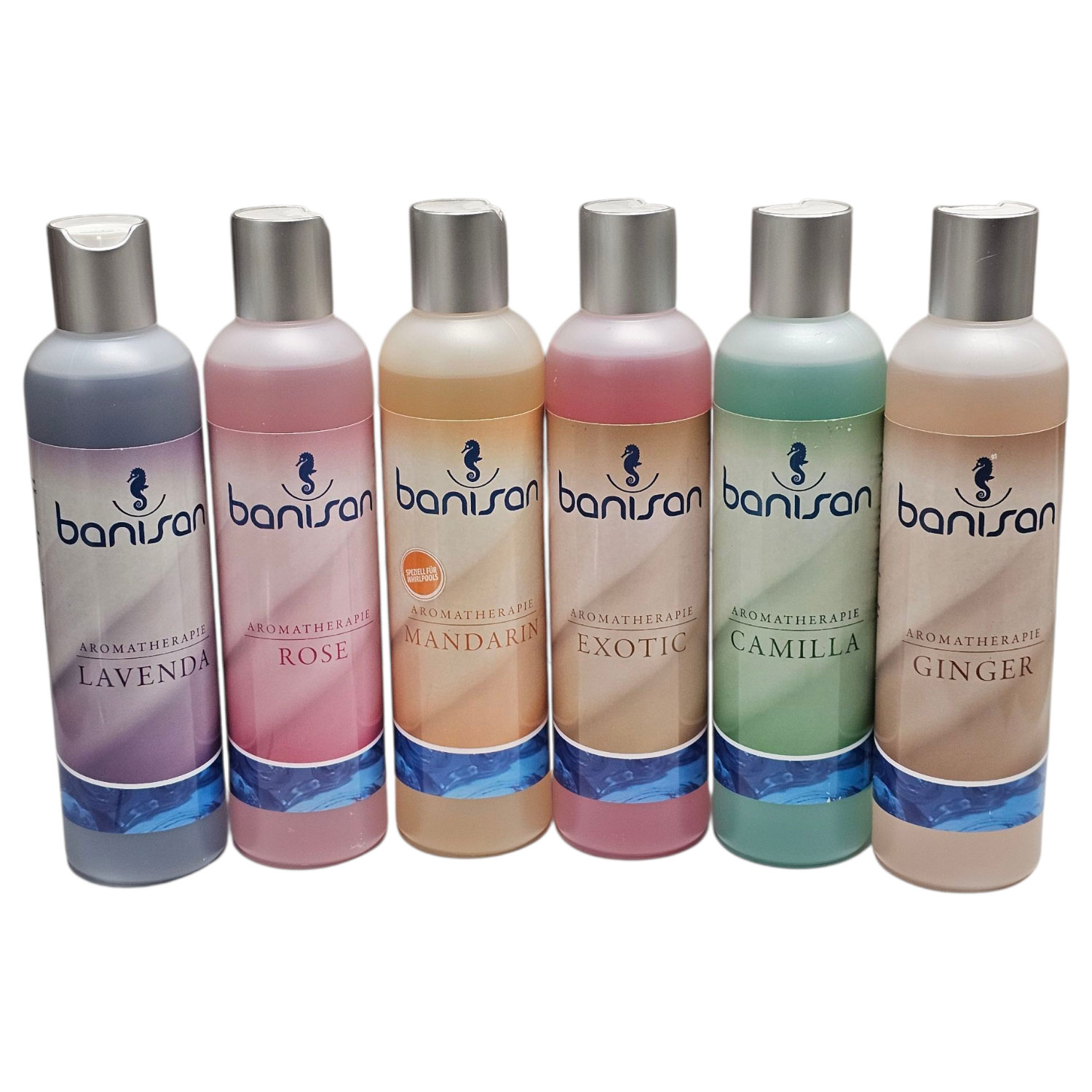 Aromatherapieprodukte in Flaschen. Verschiedene Düfte, darunter Lavendel, Rose, Mandarine, Exotik, Camilla und Ingwer.