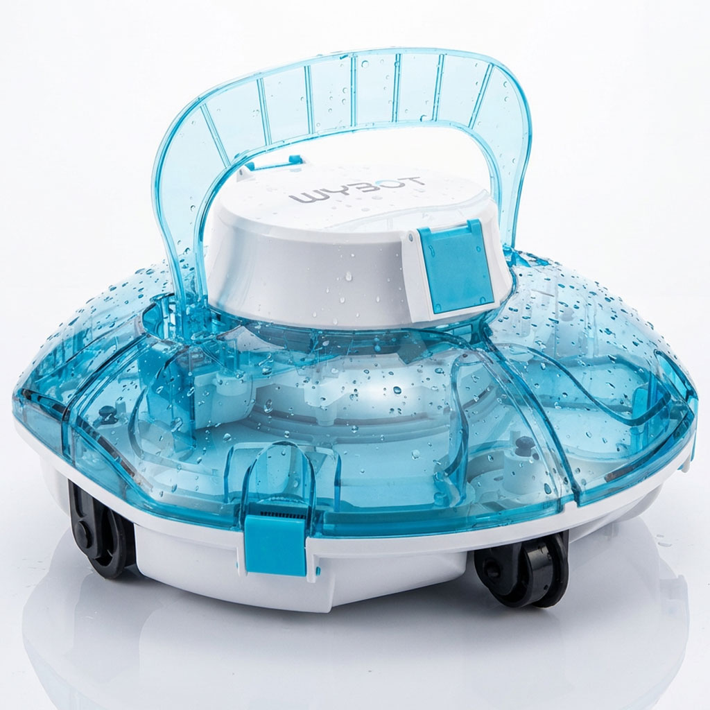 Automatischer Poolreiniger mit transparenter blauer Abdeckung und Rädern.
