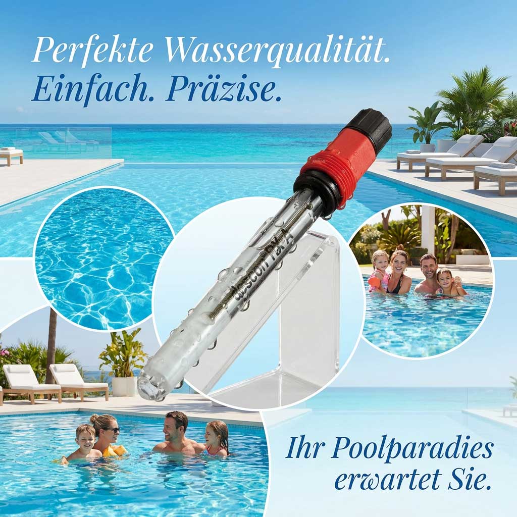 Pool mit klarem Wasser und einem Wasserqualitätstester am Rand.