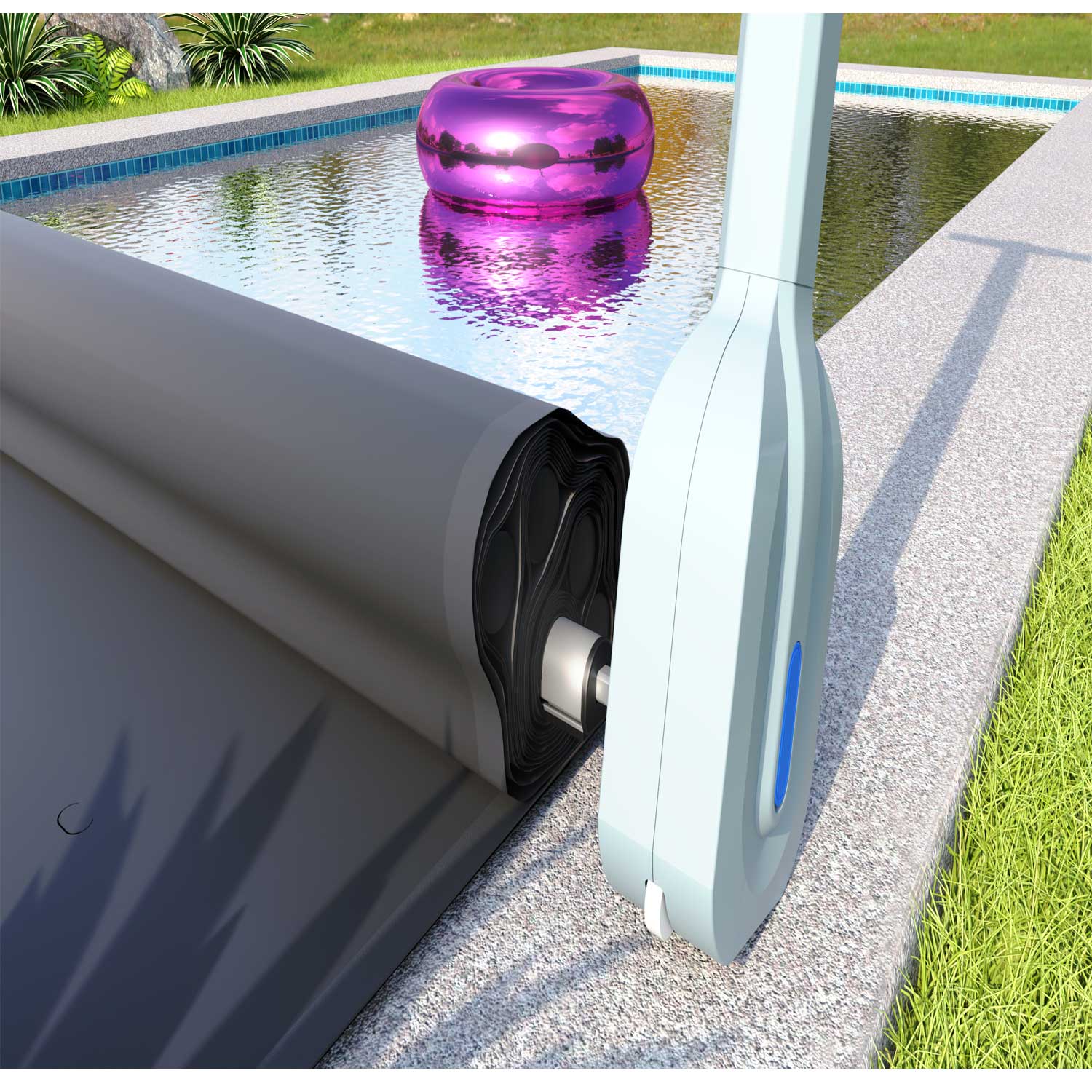 Das automatisierte Poolabdeckungssystem ist teilweise eingefahren dargestellt und gibt den Blick auf die Wasseroberfläche des Pools frei.