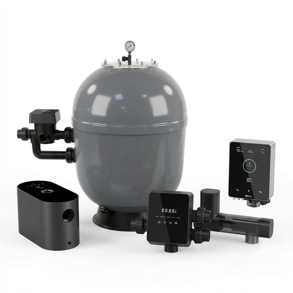 Fortschrittliches Poolfiltersystem mit Bedienfeldern und Manometer.