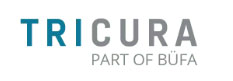 Logo von Tricura, Teil von Büfa, mit stilisiertem Text und Farben.