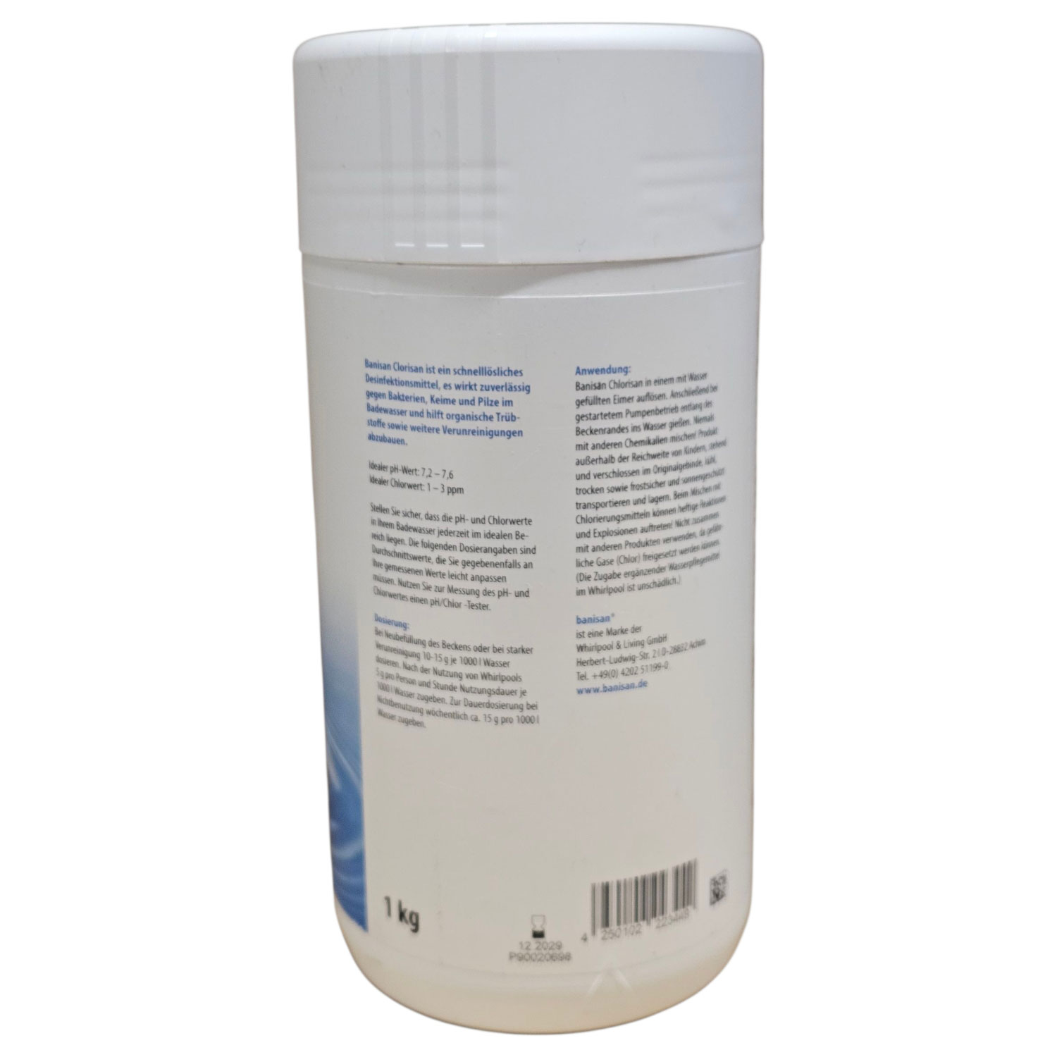 Behälter mit Banisan Clorisan Desinfektionsmittel zur Pool- und Whirlpool-Wasseraufbereitung, 1 kg.