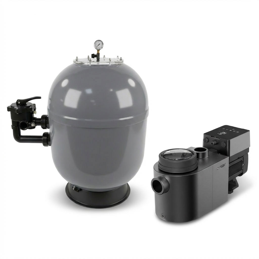 Schwimmbadfiltersystem mit Pumpe und Filtertank.