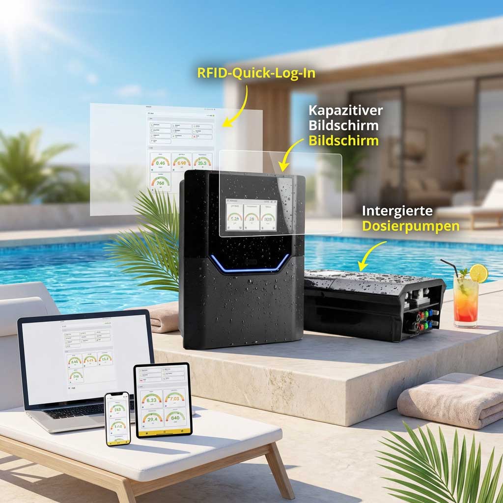 Smartes Poolsteuerungssystem mit Touchscreen und integrierten Dosierpumpen.