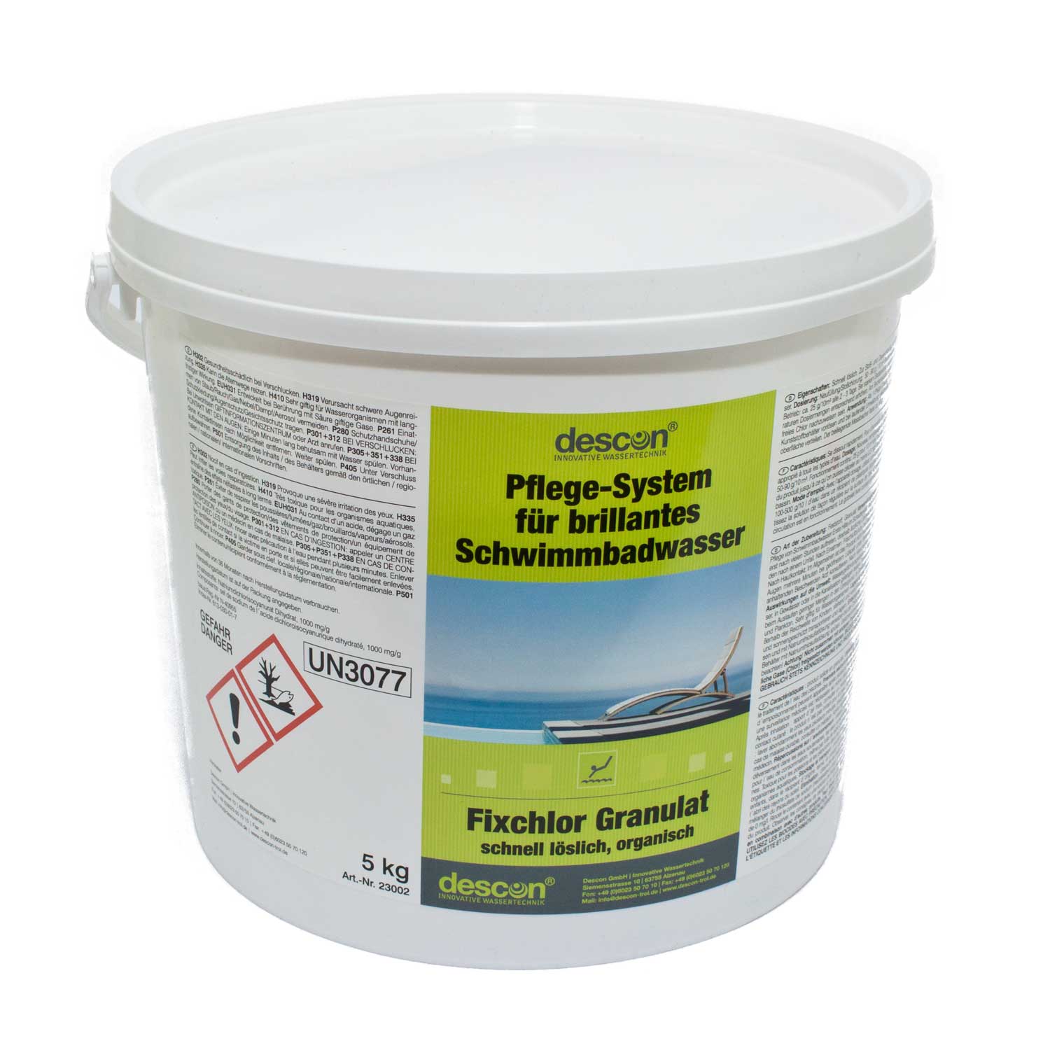 Descon Fixchlor Granulat im 5 kg Eimer, ein Chlorprodukt zur Schwimmbadwasseraufbereitung.