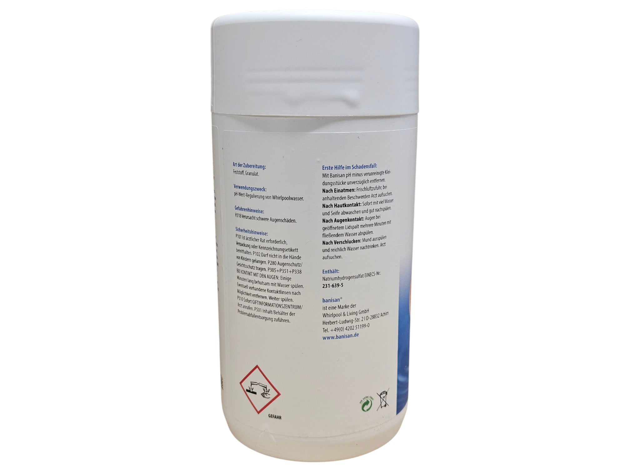 Banisan pH-Minus-Granulatbehälter zur pH-Regulierung von Whirlpoolwasser, inklusive Sicherheitshinweisen.