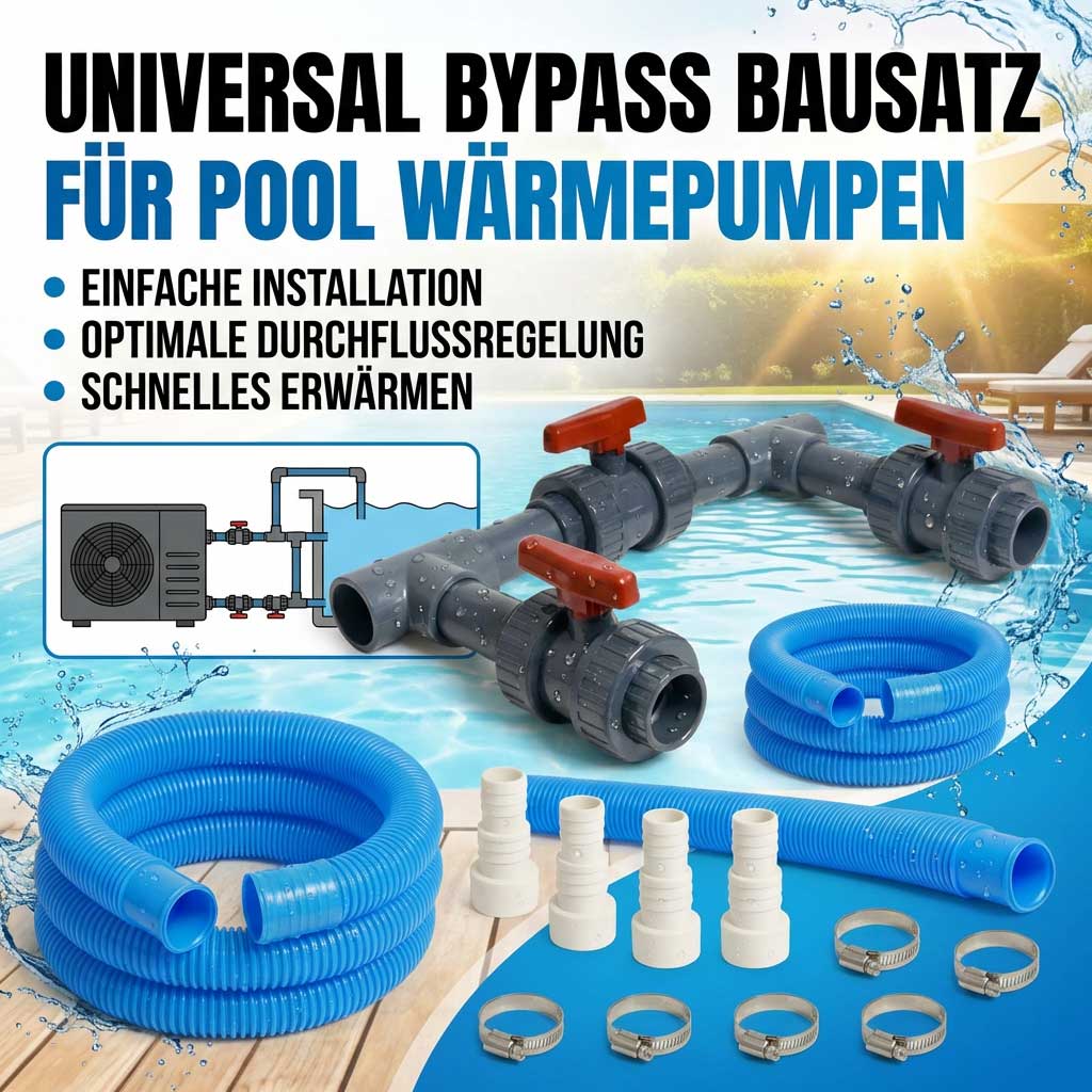 Universelles Bypass-Set für Pool-Wärmepumpen mit Schläuchen und Anschlüssen.
