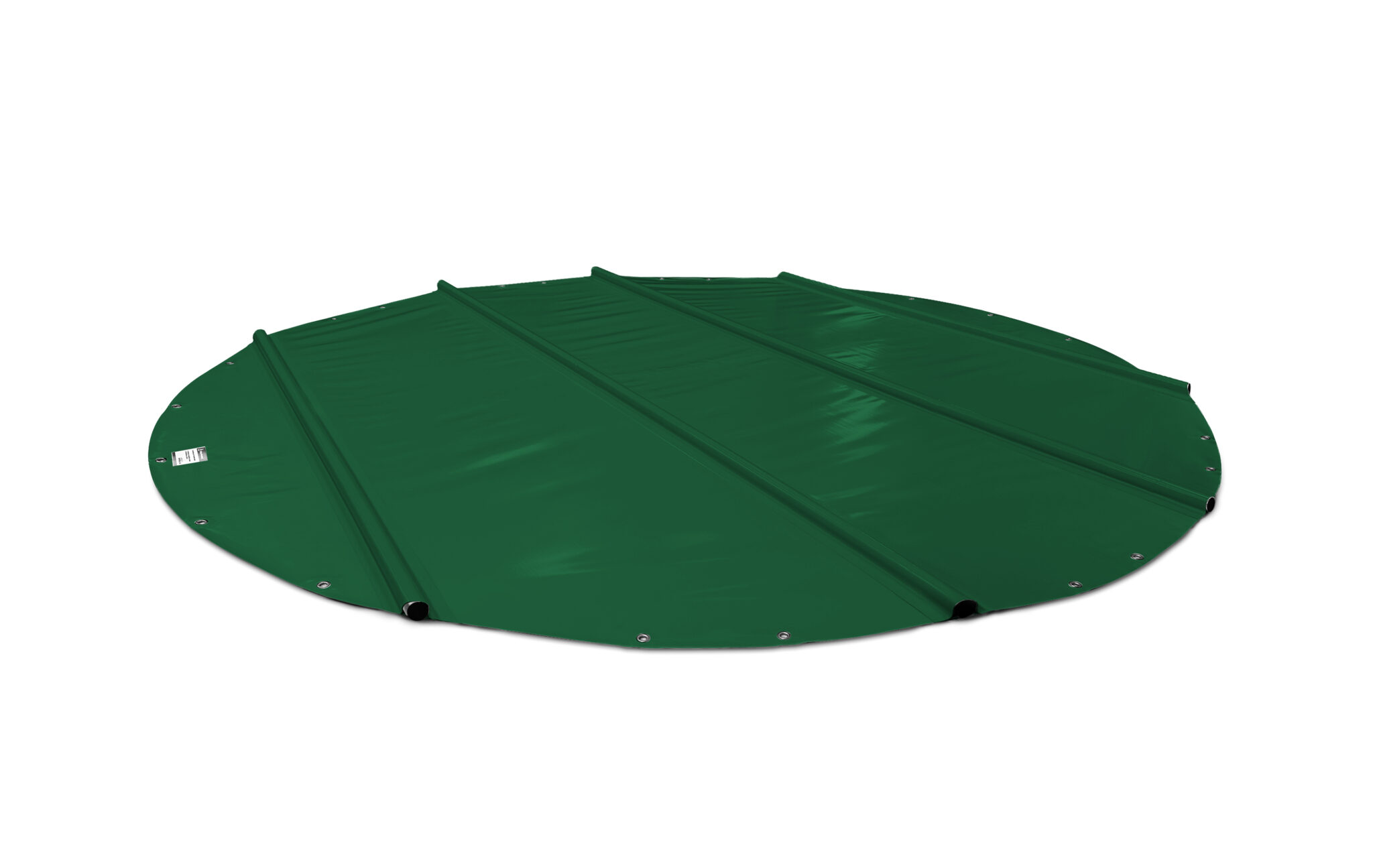 Eine Aufnahme von oben zeigt eine kreisförmige, dunkelgrüne Winter-Poolabdeckung, die mit Metallösen befestigt ist.