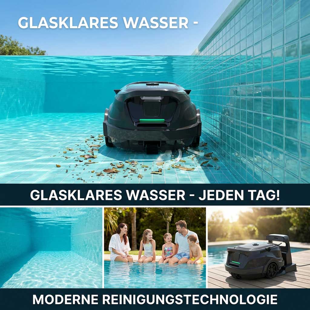 Roboter-Poolreiniger in einem Schwimmbad mit klarem Wasser und Schmutz.