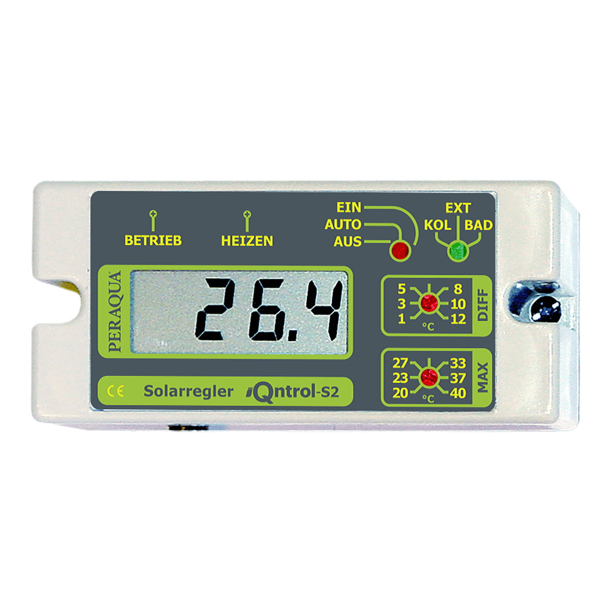 Digitaler Solarregler mit Temperaturanzeige von 26,4 °C.