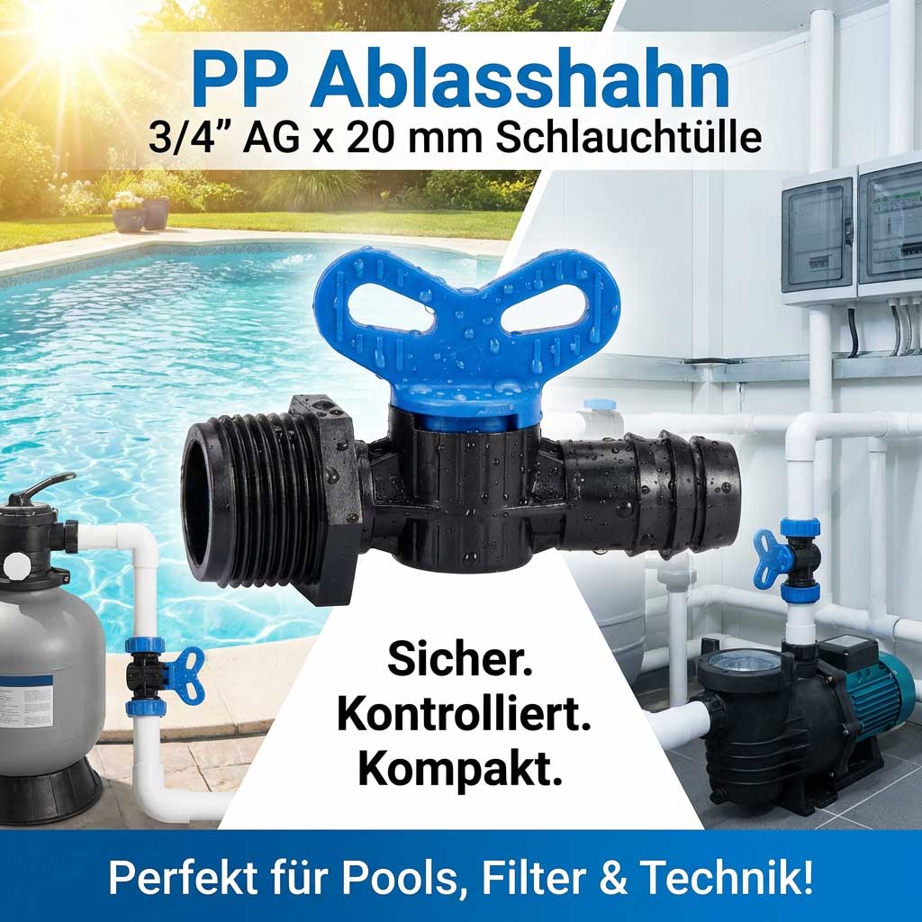 PP-Ablaufventil mit blauem Griff für Pool- und Filtersysteme.