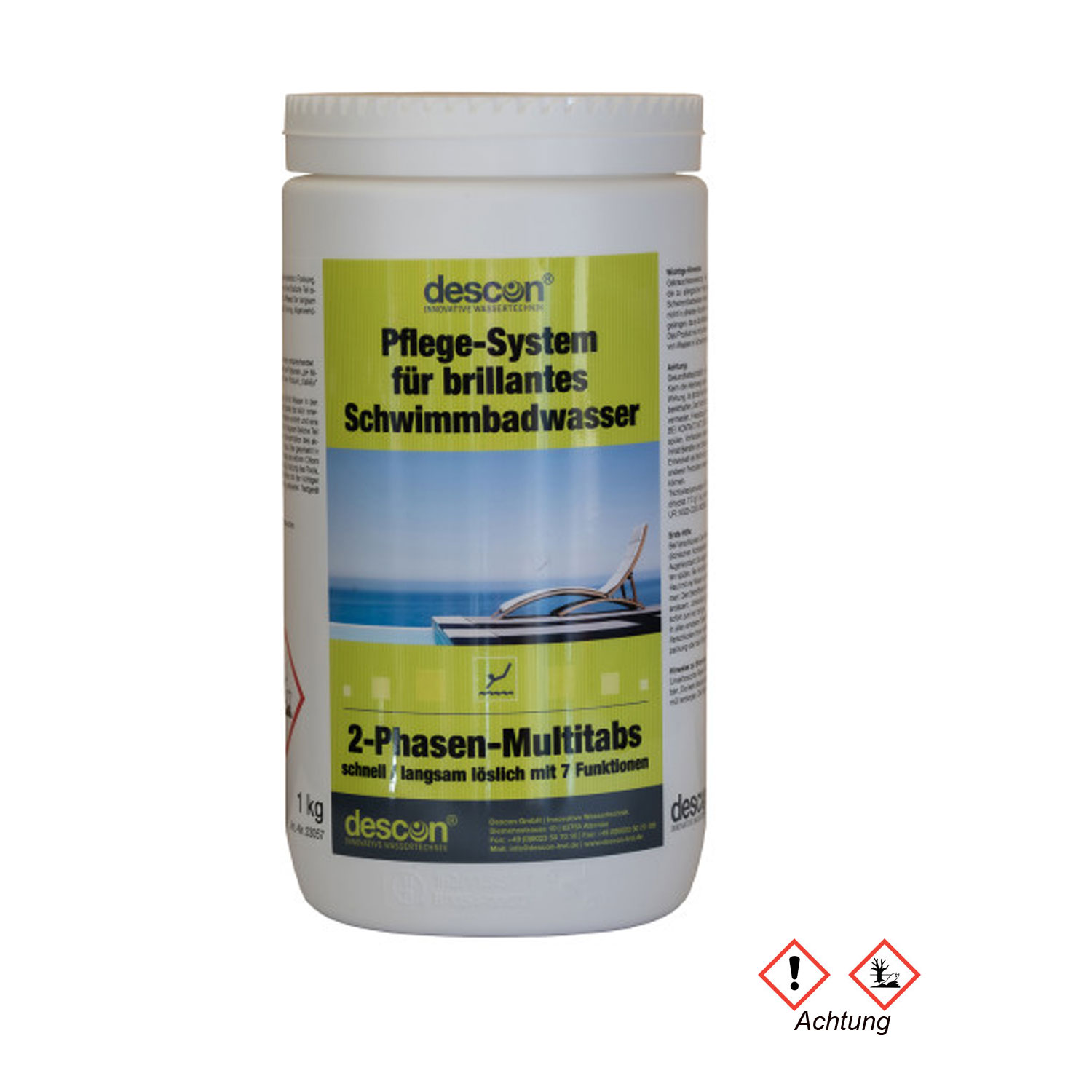 Ein Behälter mit einem 1-kg-Vorrat an Pool Care System Multitabs zur Wasserpflege.
