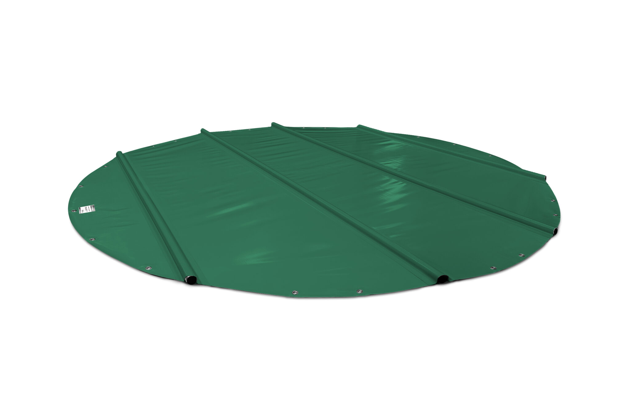 Blick auf eine runde, grüne Poolabdeckung mit angebrachten Metallösen zur Befestigung.