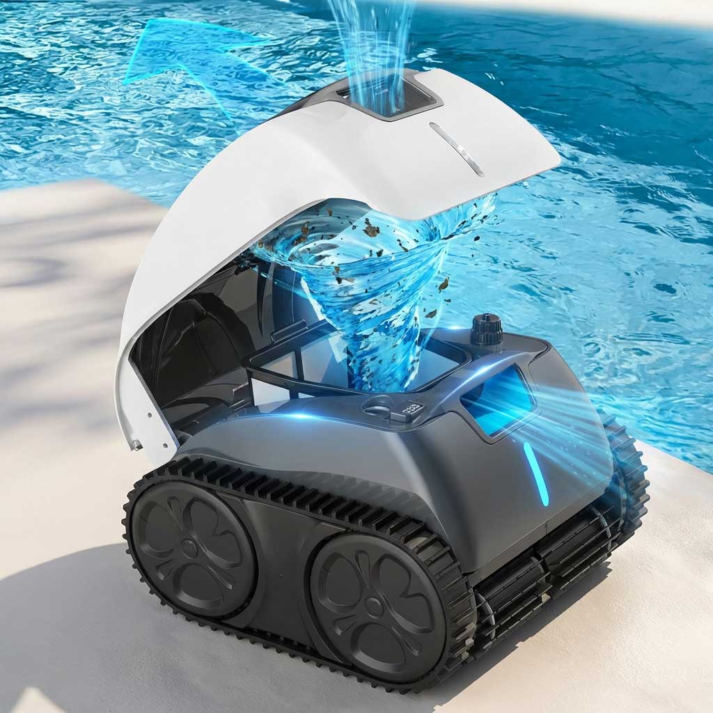 Roboter-Poolreiniger mit sichtbarem Zyklon-Rückstandsammelsystem, der am Pool arbeitet.