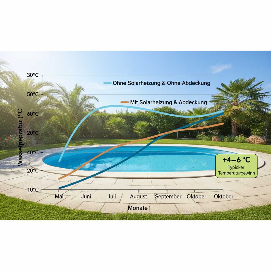 Diagramm der Pooltemperatur zum Vergleich der Solarheizung mit und ohne Poolabdeckungssystem.