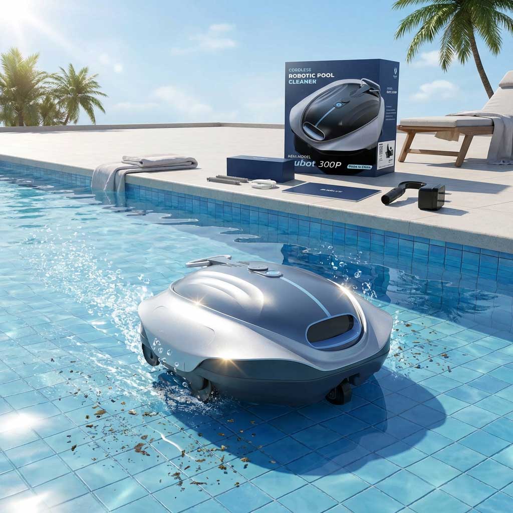 Ein kabelloser Poolreiniger-Roboter, Modell Ubot 300P, der aktiv ein gefliestes Schwimmbad reinigt.