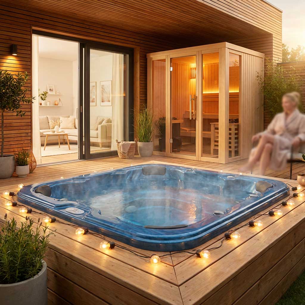 Whirlpool im Freien mit Holzsauna und Terrassenbeleuchtung.