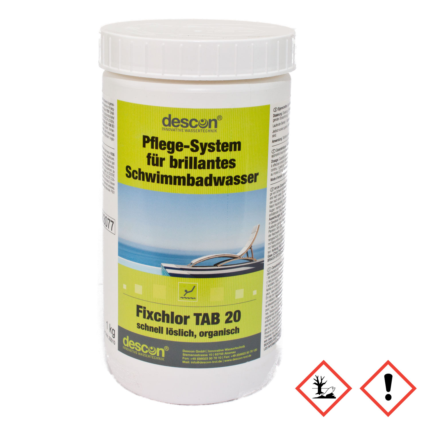 Descon Fixchlor TAB 20, ein 1 kg Gebinde Poolpflegesystem für strahlendes Schwimmbadwasser.