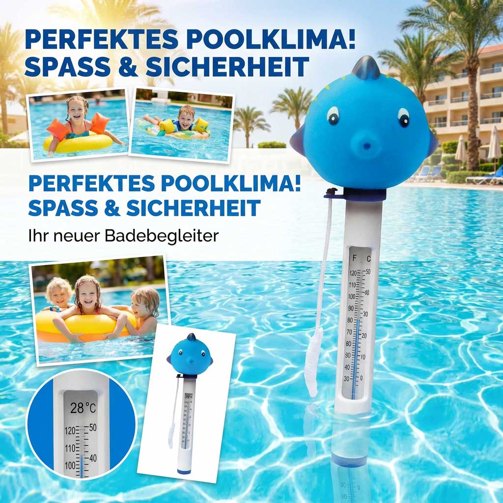 Schwimmendes Poolthermometer in Form eines Fisches in einem Schwimmbad.