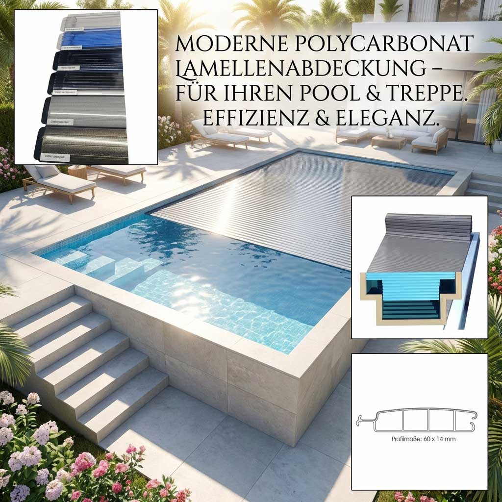 Rechteckiger Pool mit Lamellenabdeckung und Stufen aus Polycarbonat.
