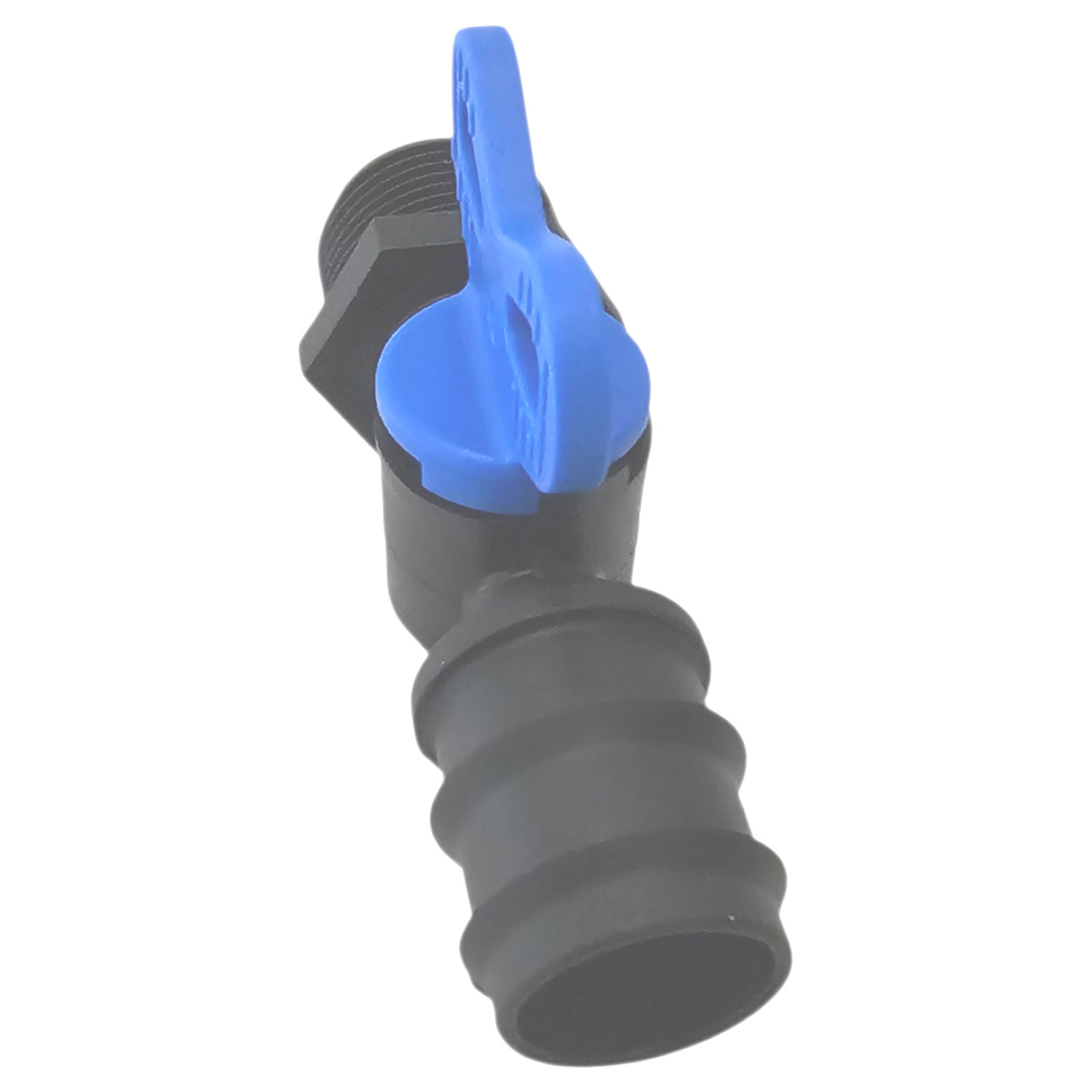 Schwarzes Ventil mit blauem Griff zur Steuerung des Wasserdurchflusses in Sanitärsystemen.