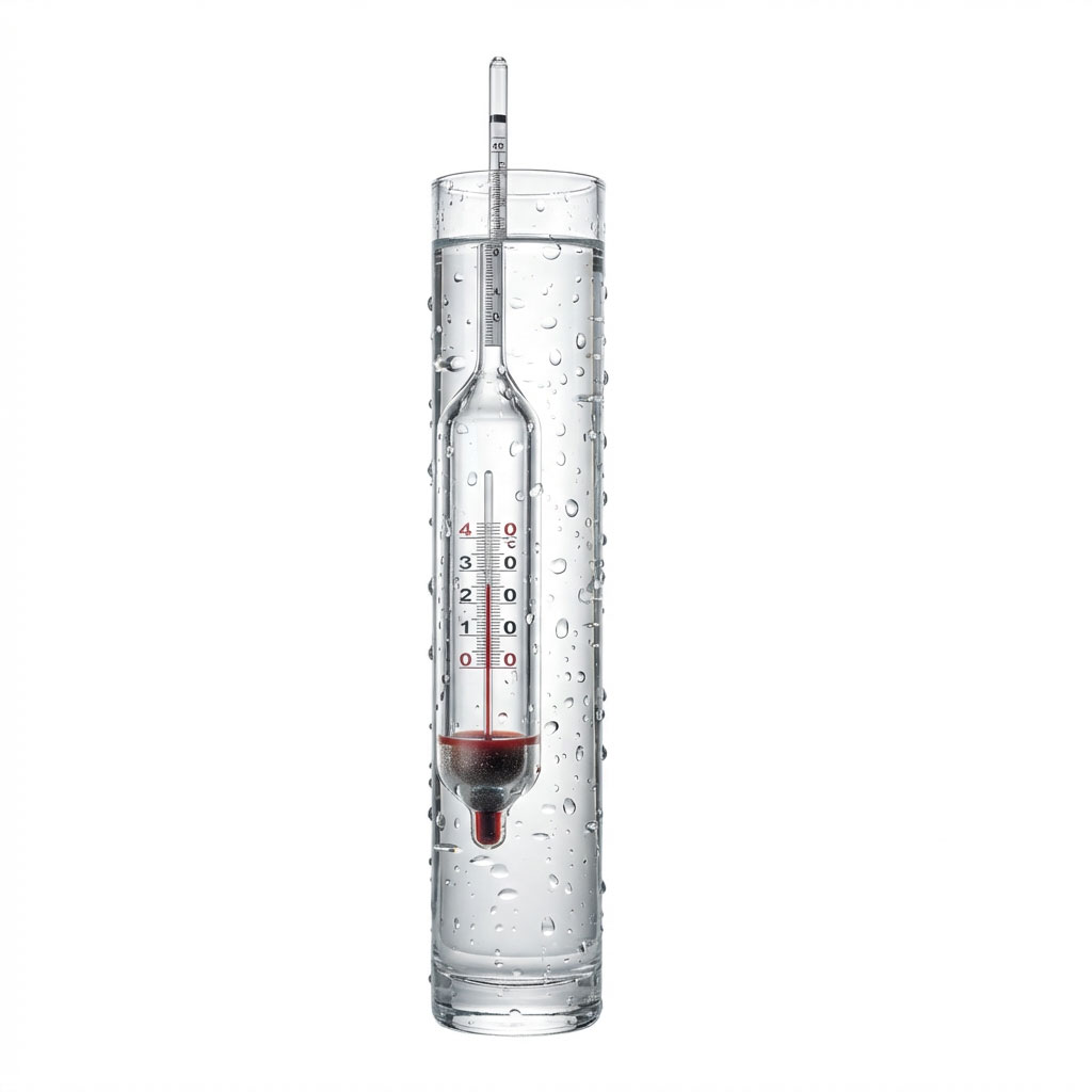 Ein in Wasser getauchtes Glasthermometer mit Skala.