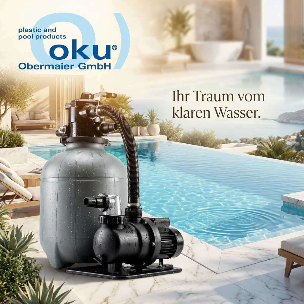 Poolfiltersystem mit Pumpe und Filtereinheit neben einem Schwimmbad.