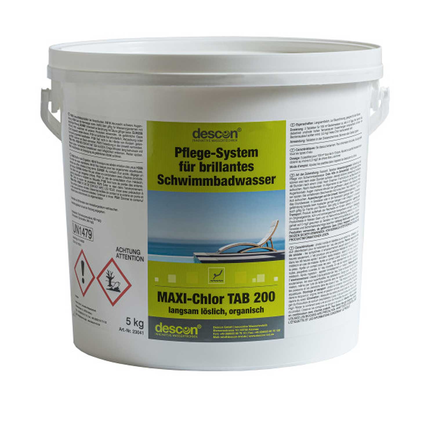 Ein weißer Eimer Descon Maxi-Chlor TAB 200 Poolwasseraufbereitungssystem, 5 kg.