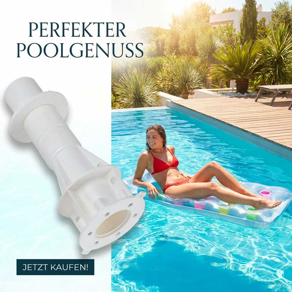 Weißer Poolskimmer mit einer Frau auf einem Schlauchboot in einem Pool.
