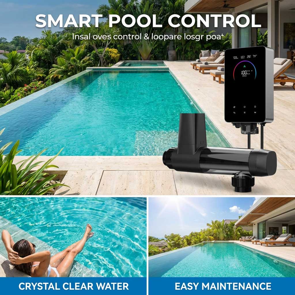 Intelligentes Poolsteuergerät in der Nähe eines modernen Schwimmbades.