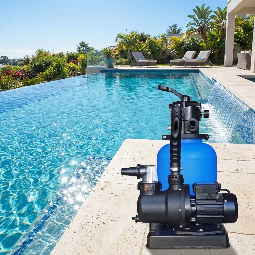 Blaue Poolpumpe neben einem modernen Schwimmbad.