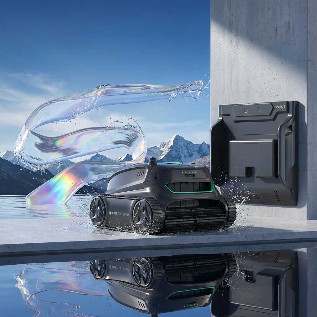 Automatisierter Poolreiniger in Wassernähe mit wandmontierter Ladestation.