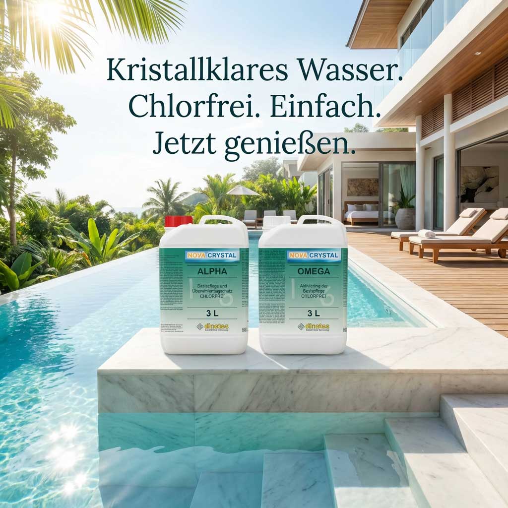 Chlorfreie Poolaufbereitungsprodukte neben einem modernen Pool.
