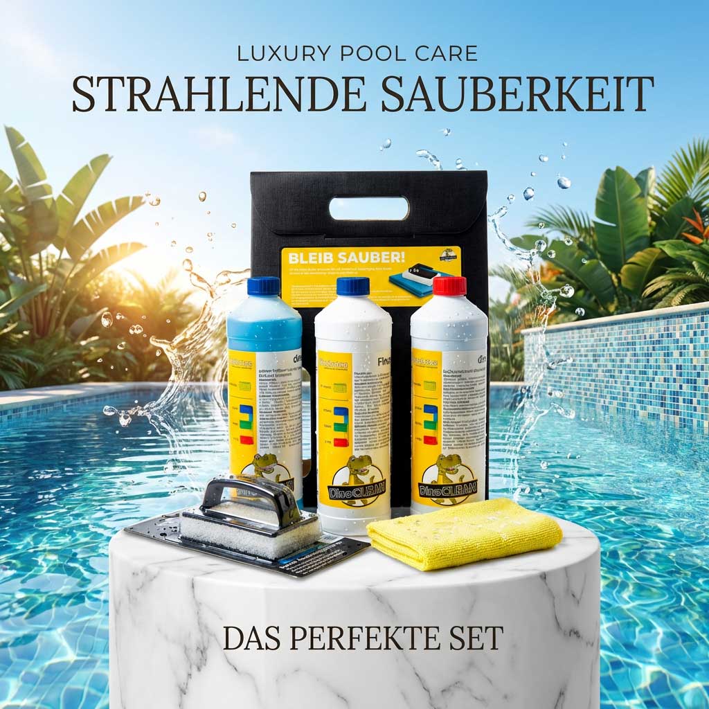 Poolreinigungsset mit Flaschen, Schwamm und Tuch auf einer Marmoroberfläche.