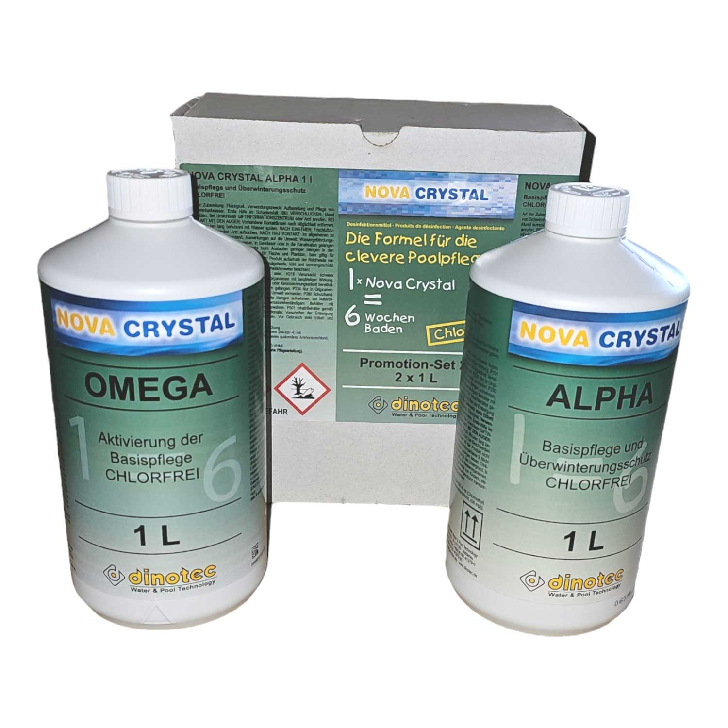 Dinotec Nova Crystal Poolchemie: Alpha, Omega und Aktionsset. Wasseraufbereitungsprodukte für Pools.