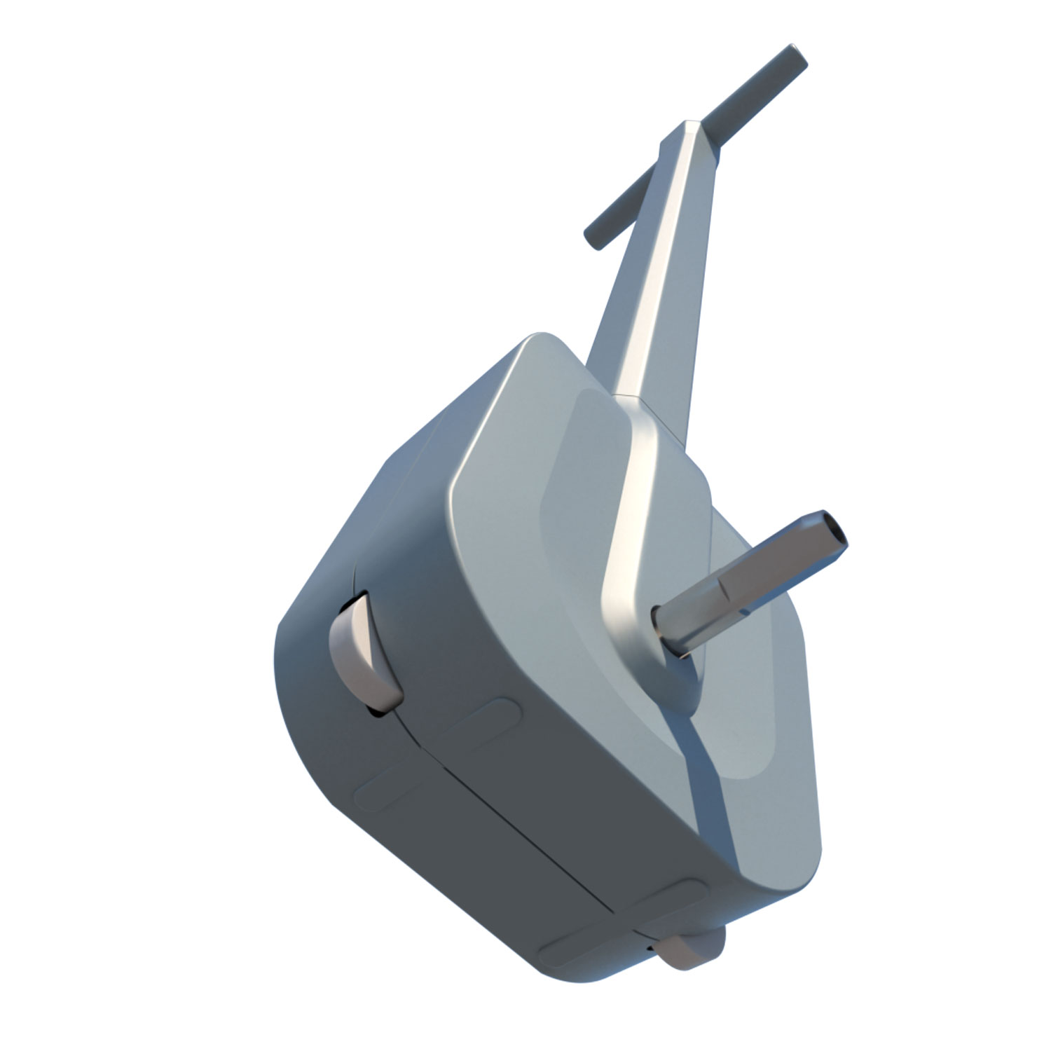 Detailansicht eines grauen elektromechanischen Geräts mit Hebel und zylindrischer Abtriebswelle.