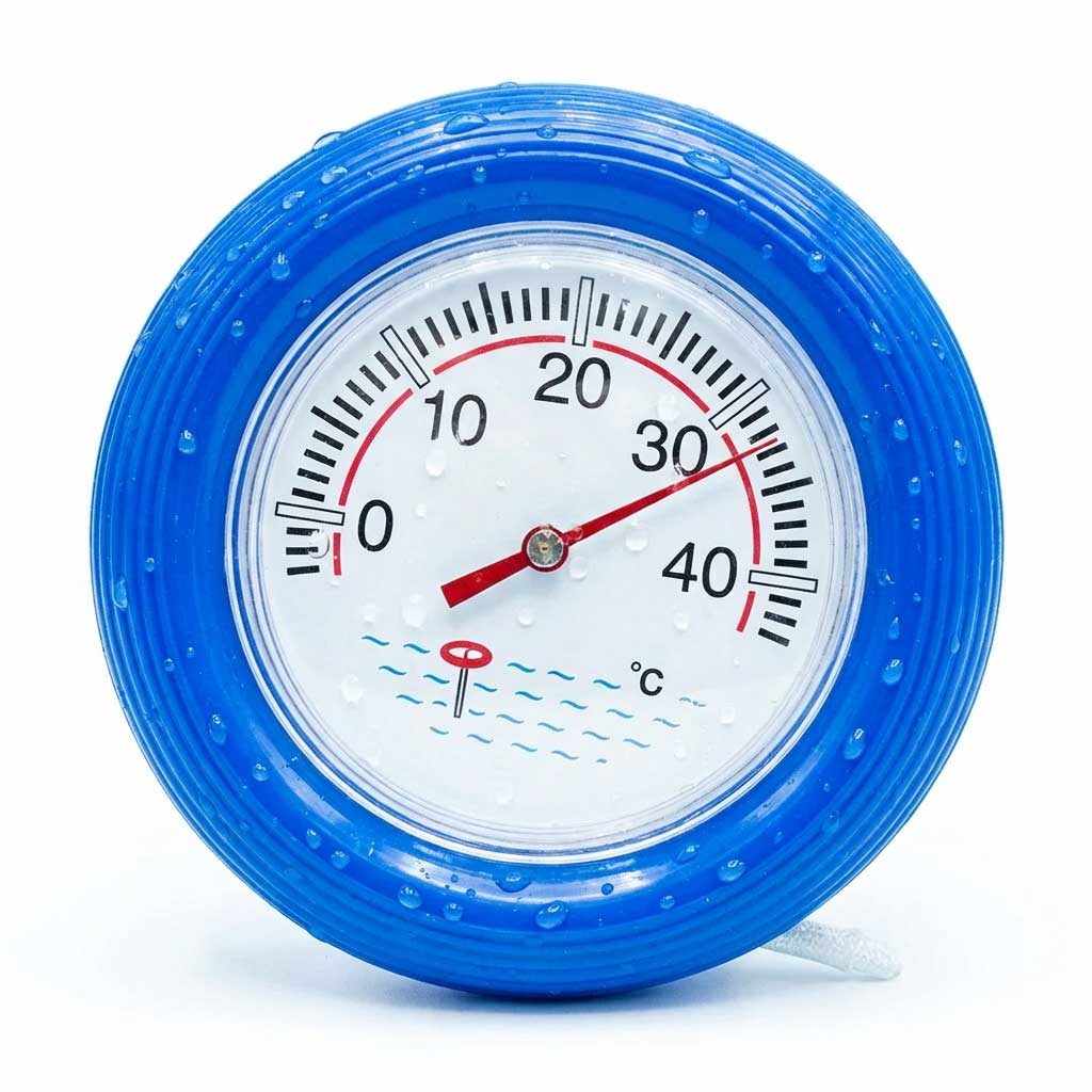 Blaues Poolthermometer, das die Temperatur in Celsius mit Wassertropfen anzeigt.