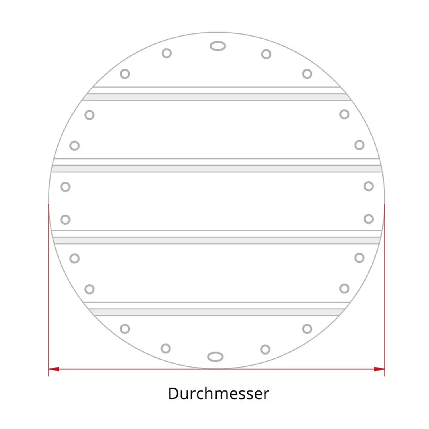 Technische Illustration eines kreisförmigen Objekts mit Durchmessermessung und der Aufschrift „Durchmesser“.