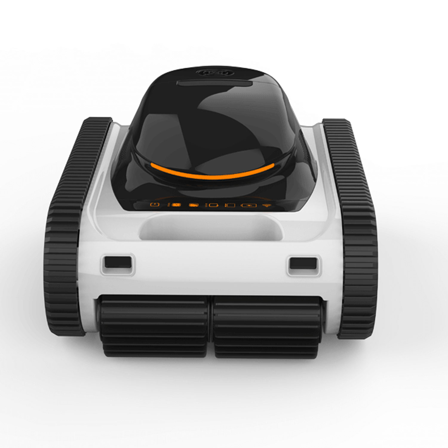 Draufsicht auf einen Roboter-Poolreiniger mit Tankauftritten und einem schwarz-weißen Farbschema.