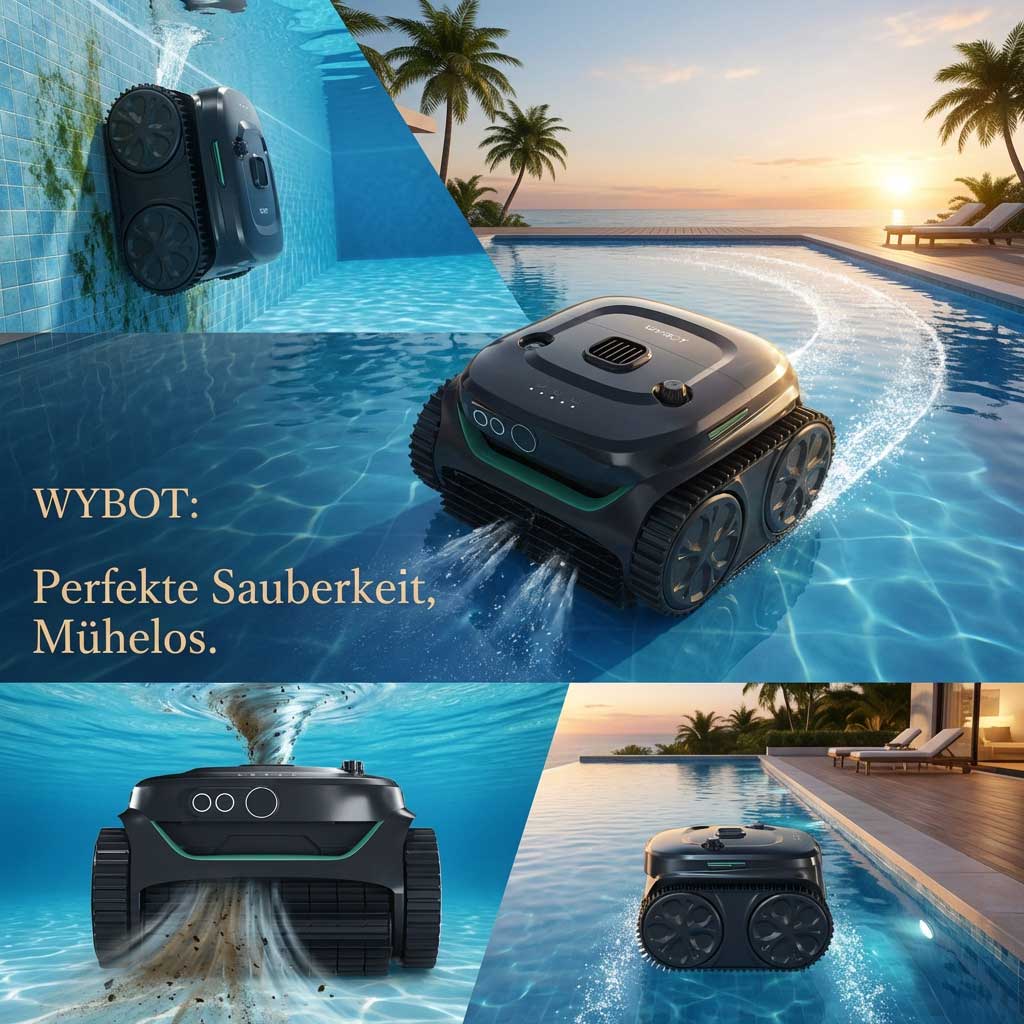 Ein Roboter-Poolreiniger, der in einem Schwimmbad arbeitet und seine Reinigungsfähigkeiten demonstriert.
